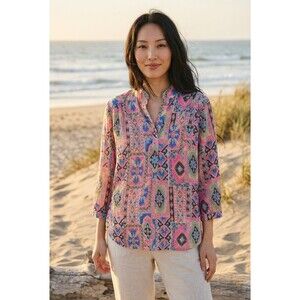 Karlie Neon Pink Resort Tile Blouse L Coastal Vacation Top